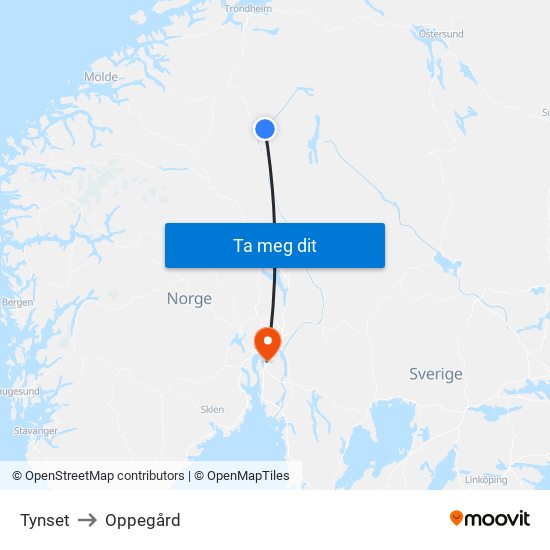 Tynset to Oppegård map