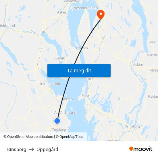 Tønsberg to Oppegård map