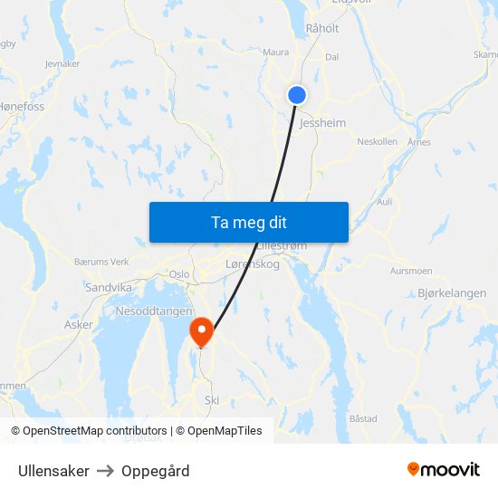 Ullensaker to Oppegård map