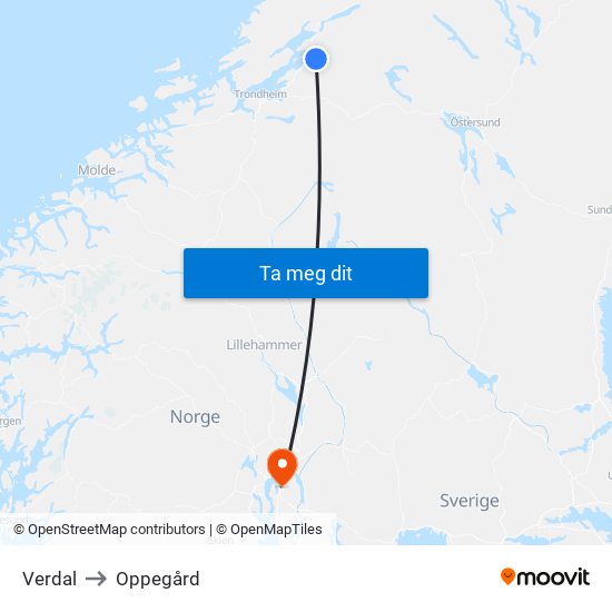 Verdal to Oppegård map