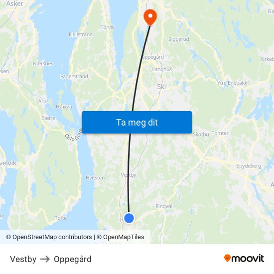 Vestby to Oppegård map