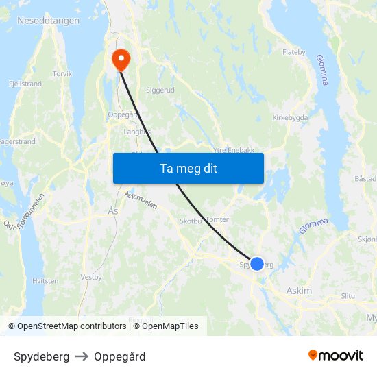 Spydeberg to Oppegård map