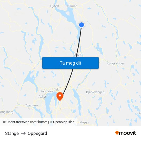 Stange to Oppegård map