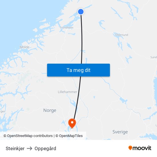 Steinkjer to Oppegård map