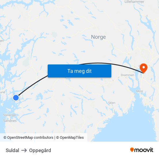 Suldal to Oppegård map