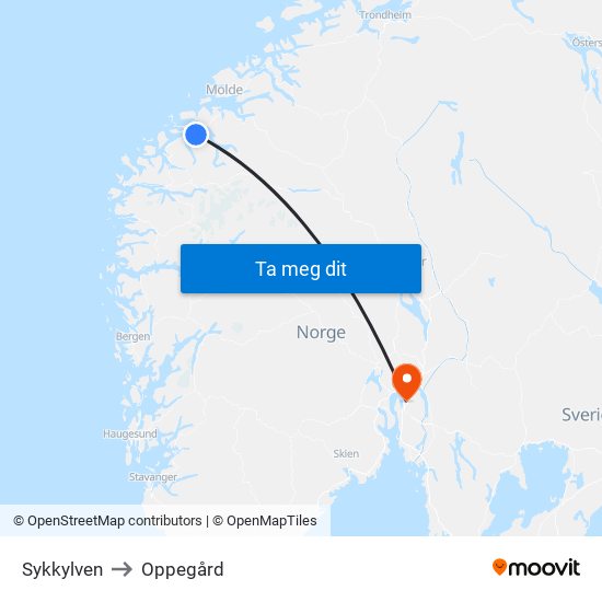 Sykkylven to Oppegård map