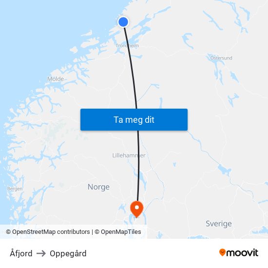 Åfjord to Oppegård map