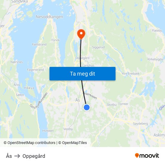 Ås to Oppegård map