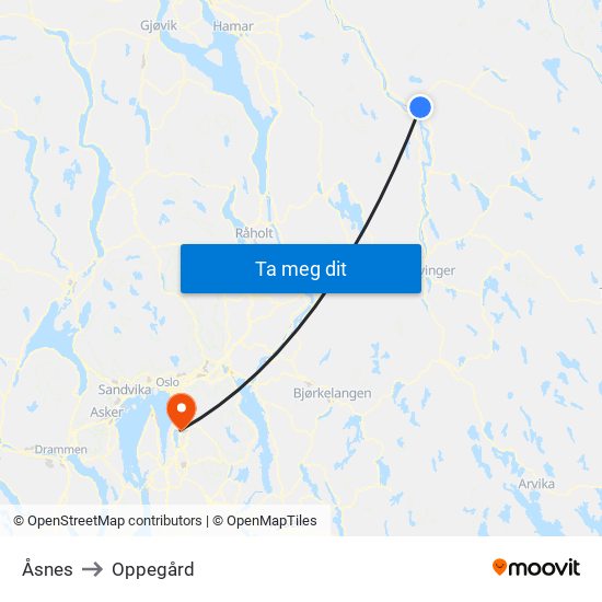 Åsnes to Oppegård map