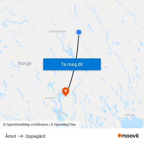Åmot to Oppegård map