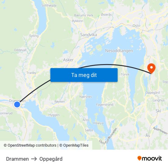 Drammen to Oppegård map