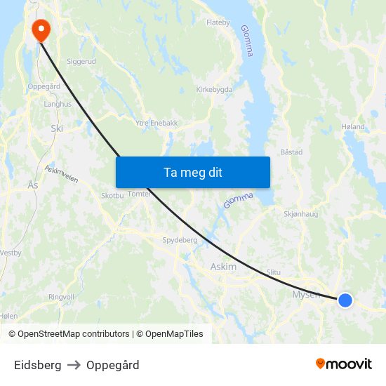 Eidsberg to Oppegård map