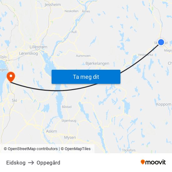 Eidskog to Oppegård map
