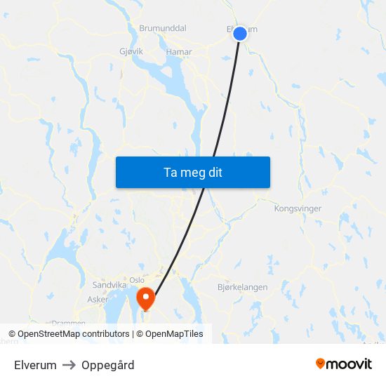 Elverum to Oppegård map