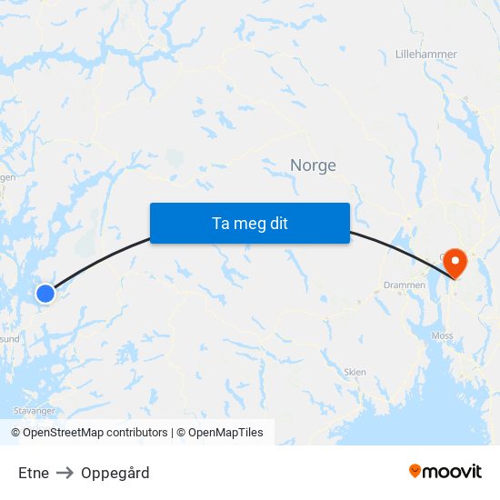 Etne to Oppegård map