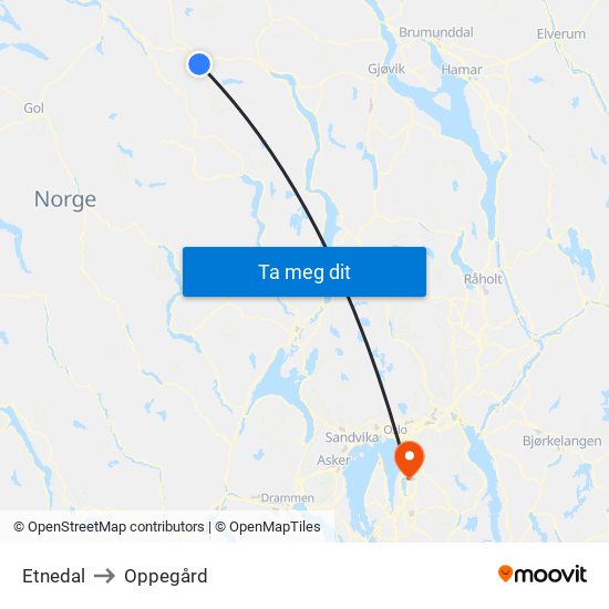 Etnedal to Oppegård map