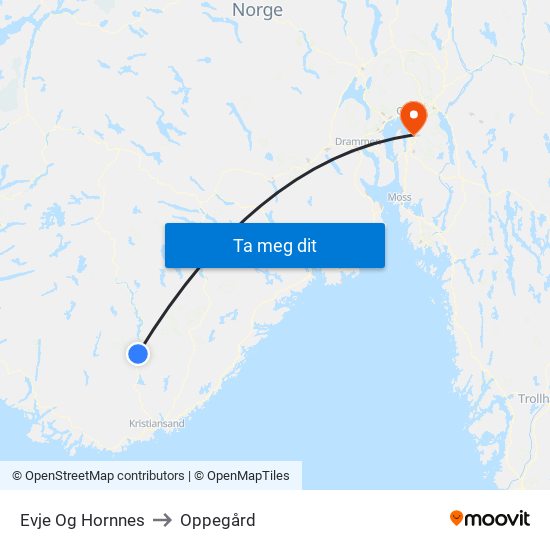 Evje Og Hornnes to Oppegård map