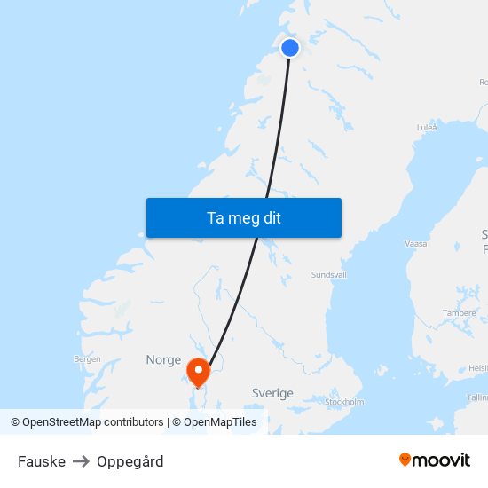 Fauske to Oppegård map
