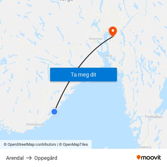 Arendal to Oppegård map