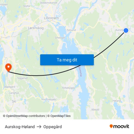 Aurskog-Høland to Oppegård map