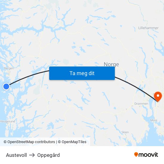 Austevoll to Oppegård map