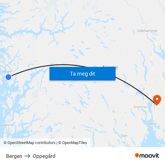 Bergen to Oppegård map