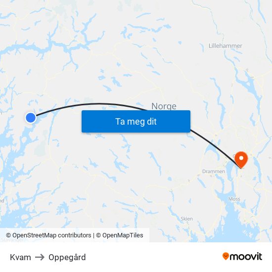 Kvam to Oppegård map