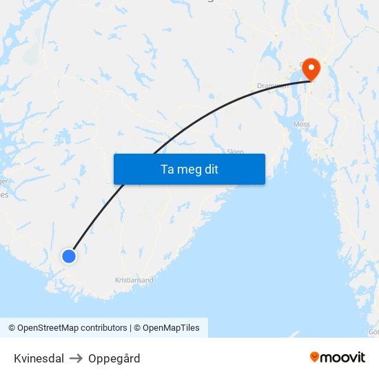 Kvinesdal to Oppegård map