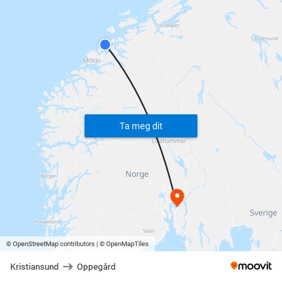 Kristiansund to Oppegård map