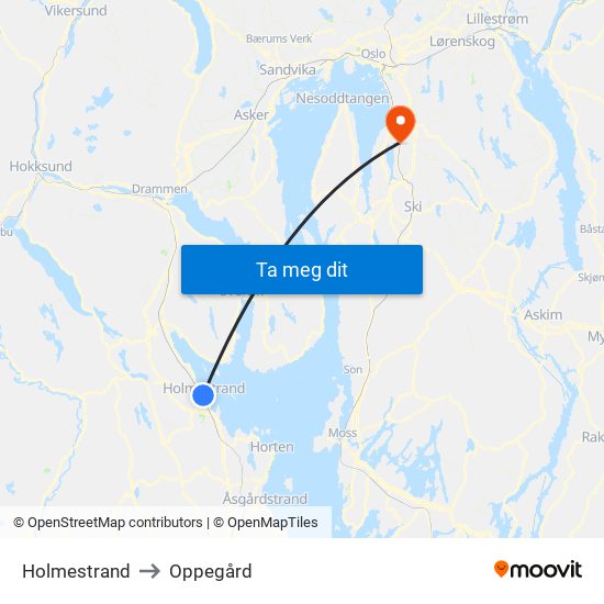 Holmestrand to Oppegård map