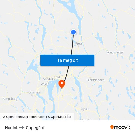 Hurdal to Oppegård map