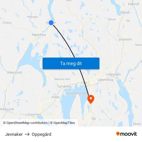 Jevnaker to Oppegård map