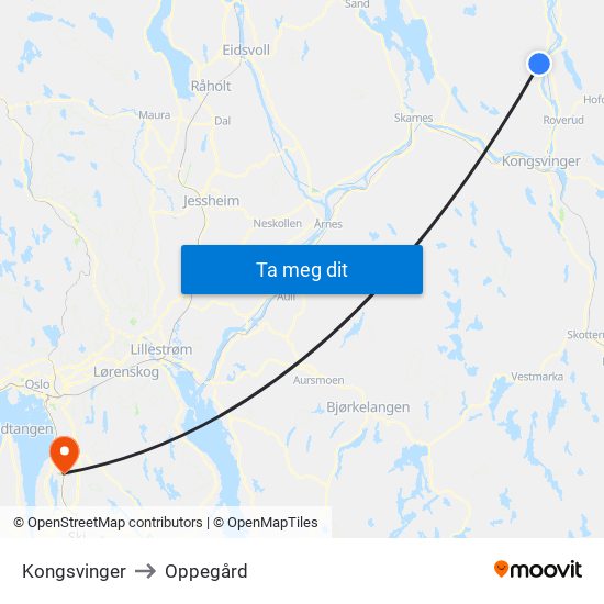 Kongsvinger to Oppegård map