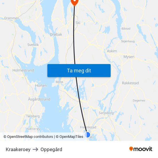 Kraakeroey to Oppegård map