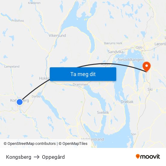 Kongsberg to Oppegård map