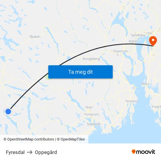 Fyresdal to Oppegård map