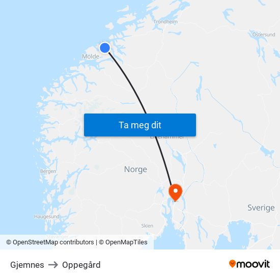 Gjemnes to Oppegård map