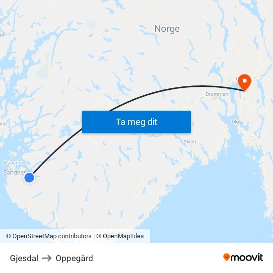 Gjesdal to Oppegård map