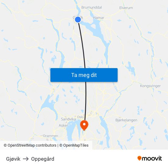 Gjøvik to Oppegård map