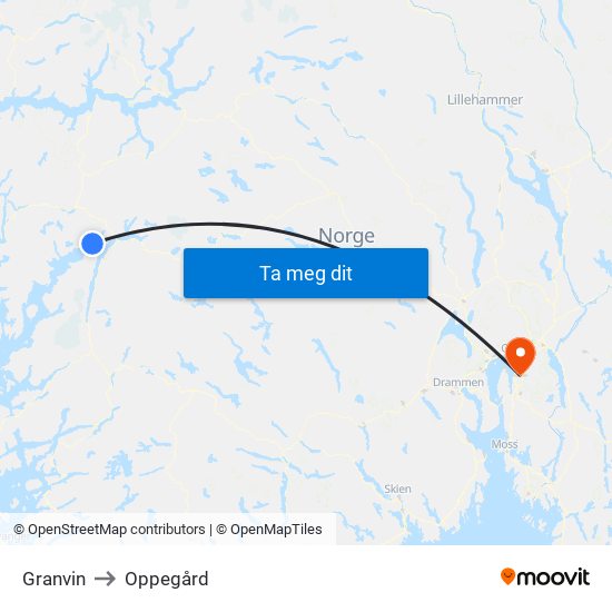 Granvin to Oppegård map