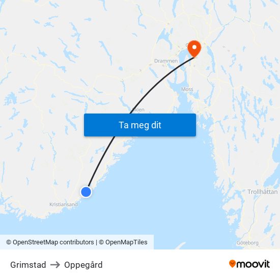 Grimstad to Oppegård map