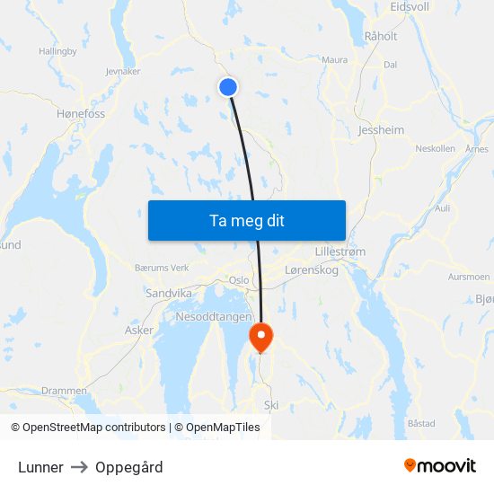 Lunner to Oppegård map
