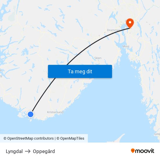 Lyngdal to Oppegård map
