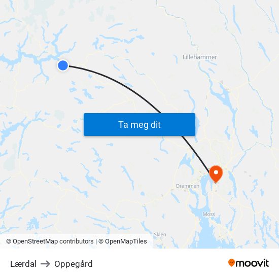 Lærdal to Oppegård map