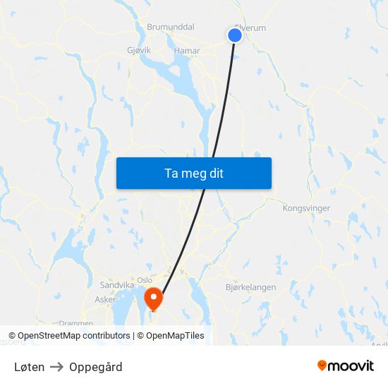 Løten to Oppegård map
