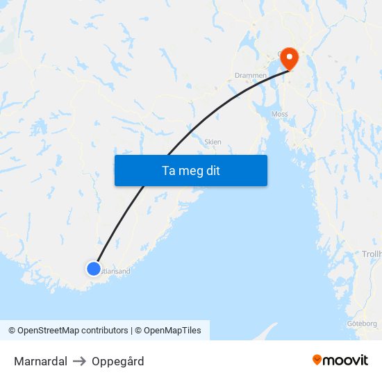 Marnardal to Oppegård map