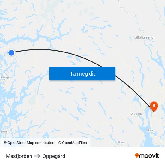 Masfjorden to Oppegård map