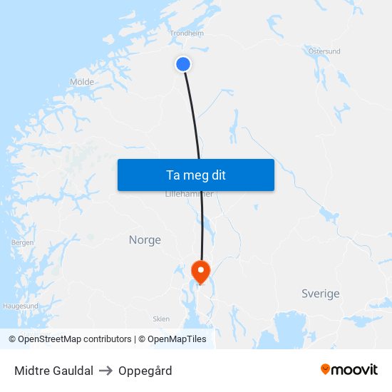 Midtre Gauldal to Oppegård map
