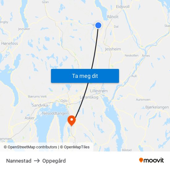 Nannestad to Oppegård map