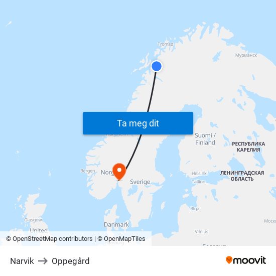 Narvik to Oppegård map